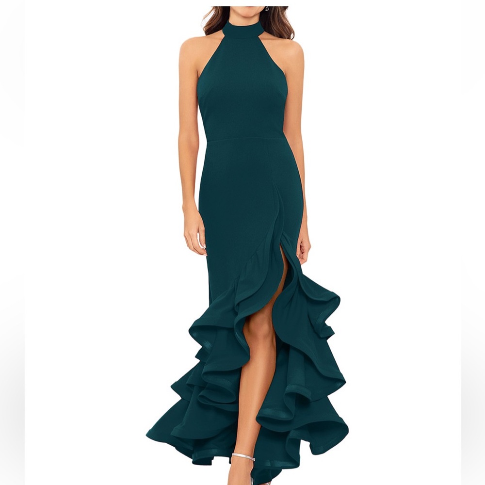 Bloomingdales Aqua Racerback Ruffle Hem Gown Pine Prom Glam
